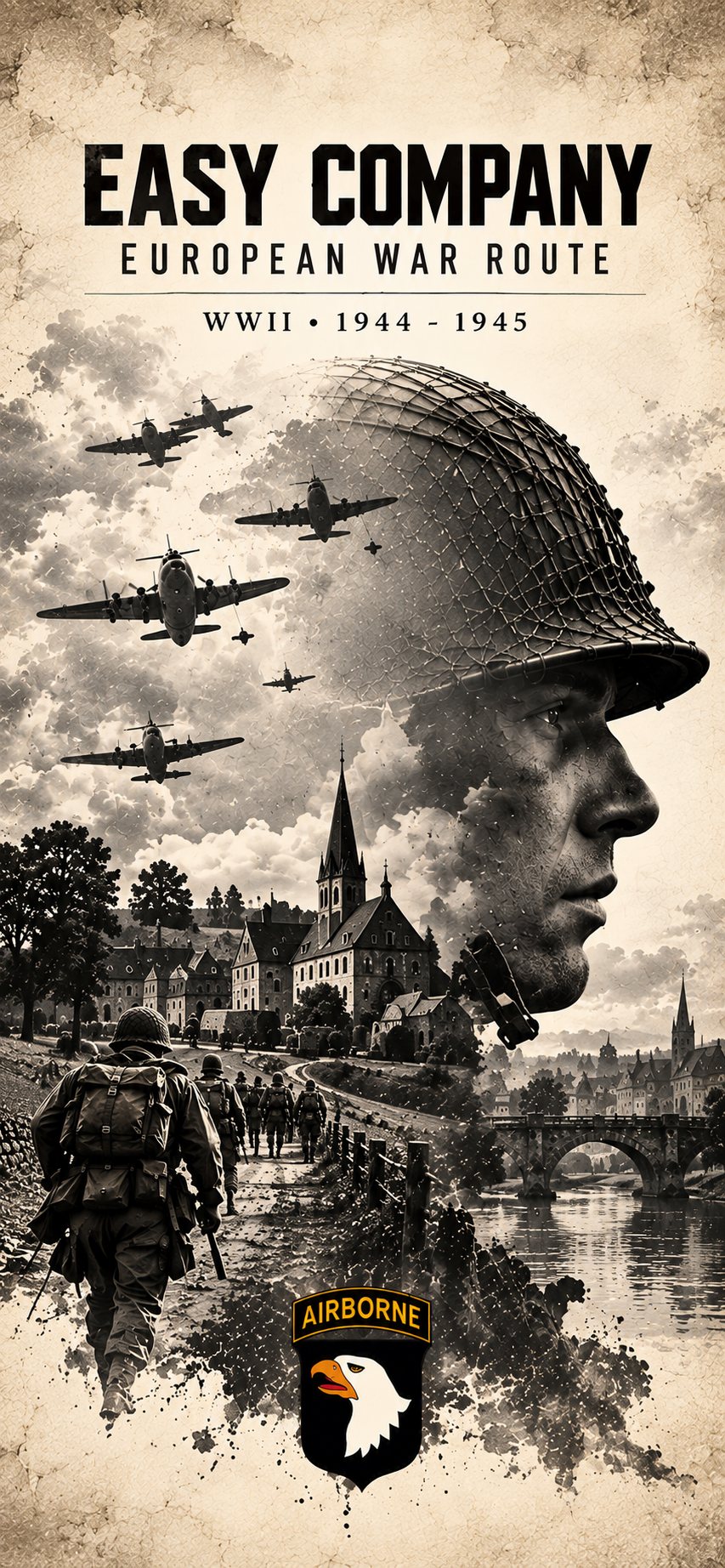 Easy Company — European War Route, WWII 1944–1945. A paratrooper in profile under a steel helmet, C-47s overhead, and soldiers marching past a village and a stone bridge, with the 101st Airborne eagle.
